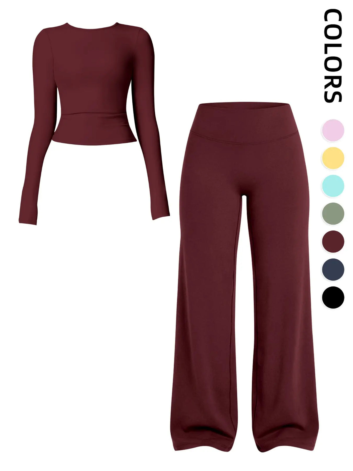 Women's Sportswear Set: Long Sleeve Round Neck Top and Wide Leg Pants for Comfortable Yoga and Active Wear