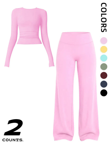 Women's Sportswear Set: Long Sleeve Round Neck Top and Wide Leg Pants for Comfortable Yoga and Active Wear