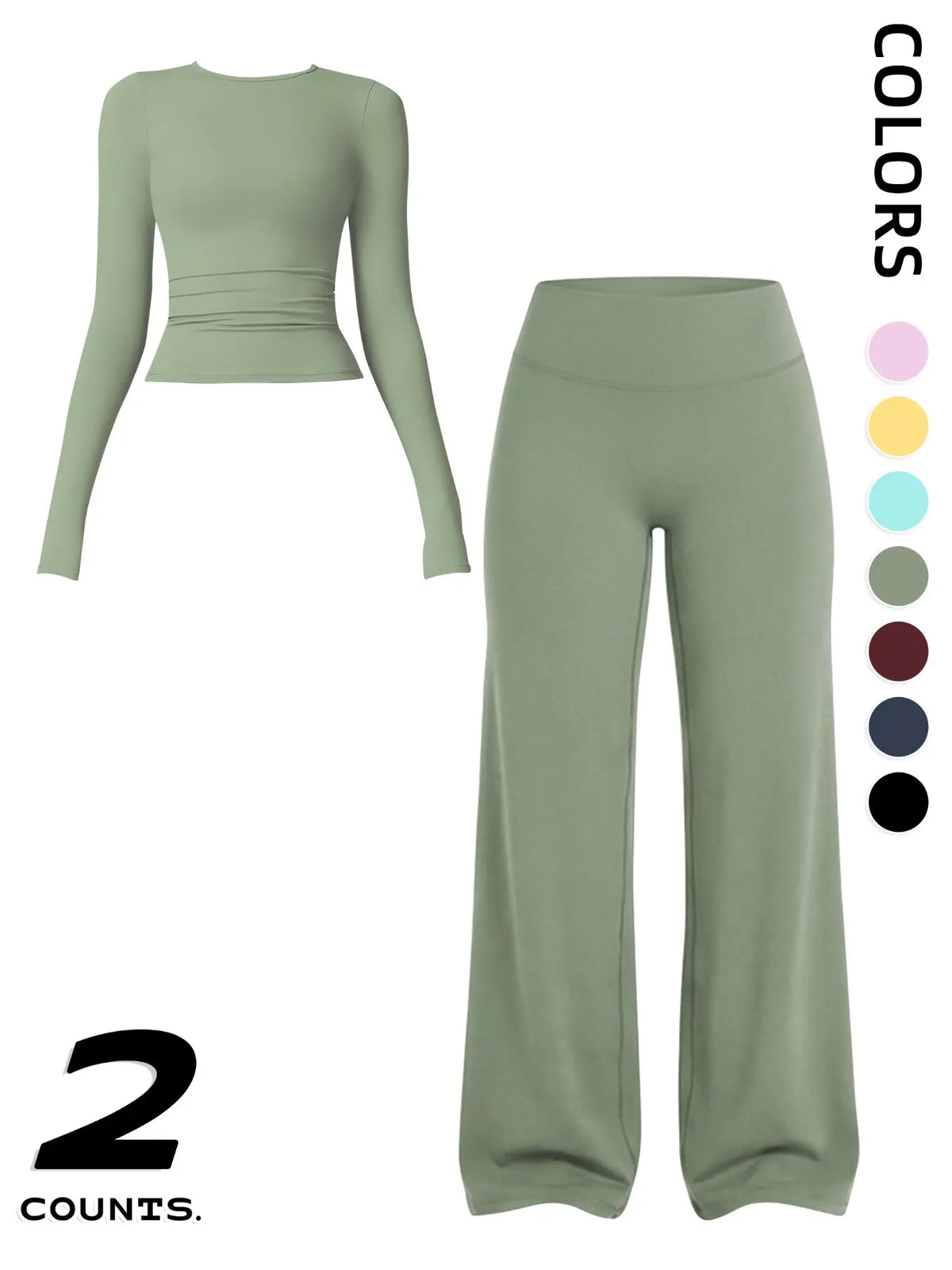 Women's Sportswear Set: Long Sleeve Round Neck Top and Wide Leg Pants for Comfortable Yoga and Active Wear