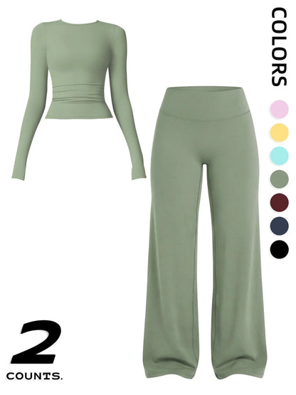 Women's Sportswear Set: Long Sleeve Round Neck Top and Wide Leg Pants for Comfortable Yoga and Active Wear